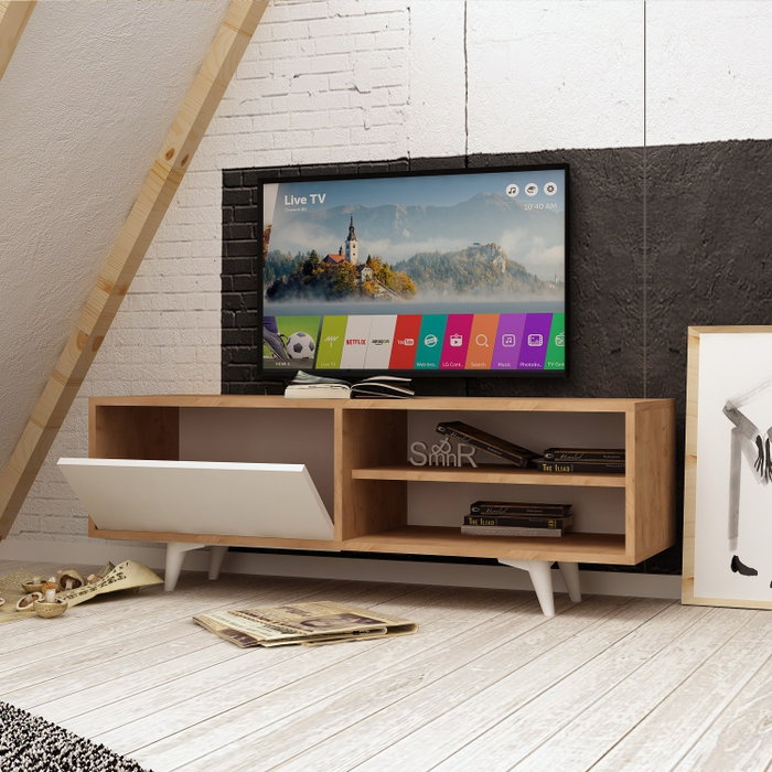 Hanah Home Soporte para TV Roble y Blanco 120x47x35 cm, Tablero de Partículas Recubierto de Melamina, Mueble TV Moderno para Salón con Estantes